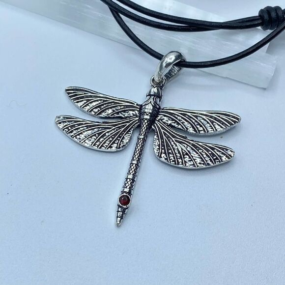Dragonfly & Garnet Boho Silver Necklace On Leather Cord - Picture 2 of 5